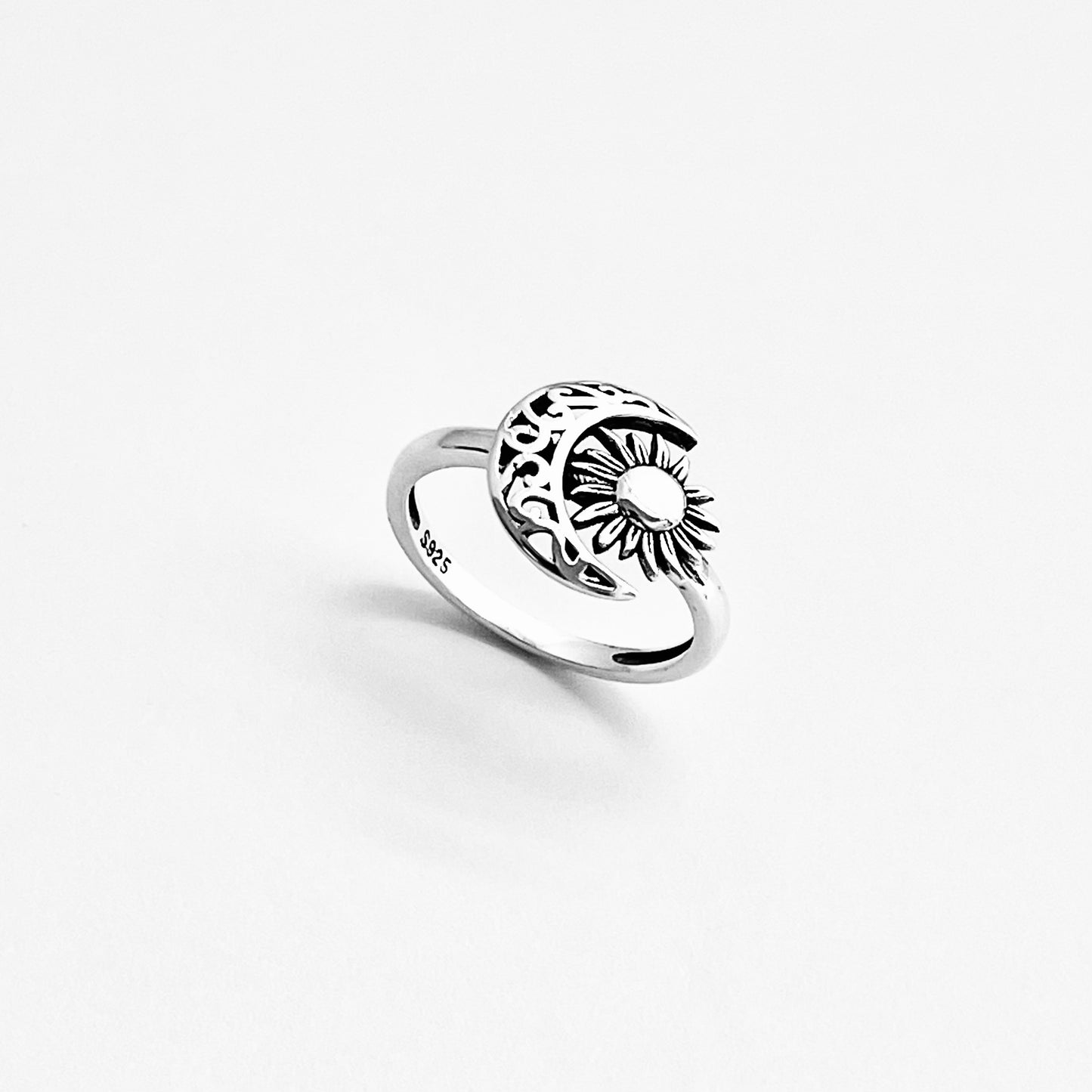 Sterling Silver Filigree Crescent Moon and Sun Ring, Celestial Rings, Sunshine