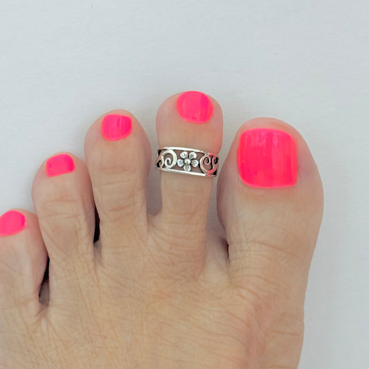 925 Sterling Silver Swirl & Flower Toe Ring | Forget Me Not Dainty Silver Ring