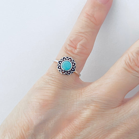 925 Sterling Silver Mandala Flower Genuine Turquoise Ring | Floral Stone Silver Rings