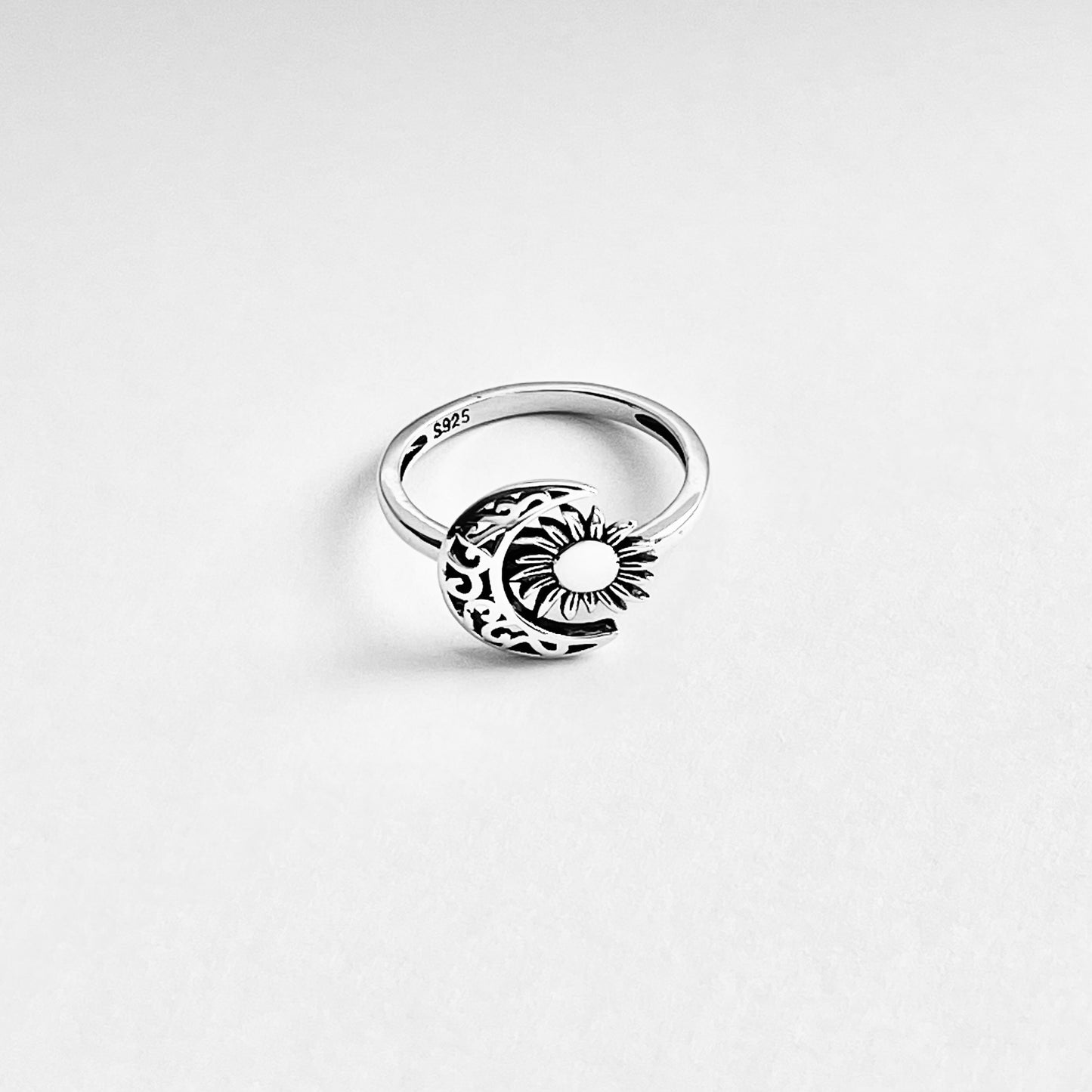 Sterling Silver Filigree Crescent Moon and Sun Ring, Celestial Rings, Sunshine