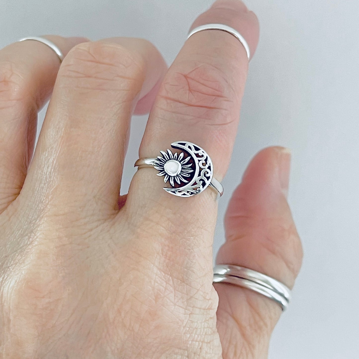 Sterling Silver Filigree Crescent Moon and Sun Ring, Celestial Rings, Sunshine