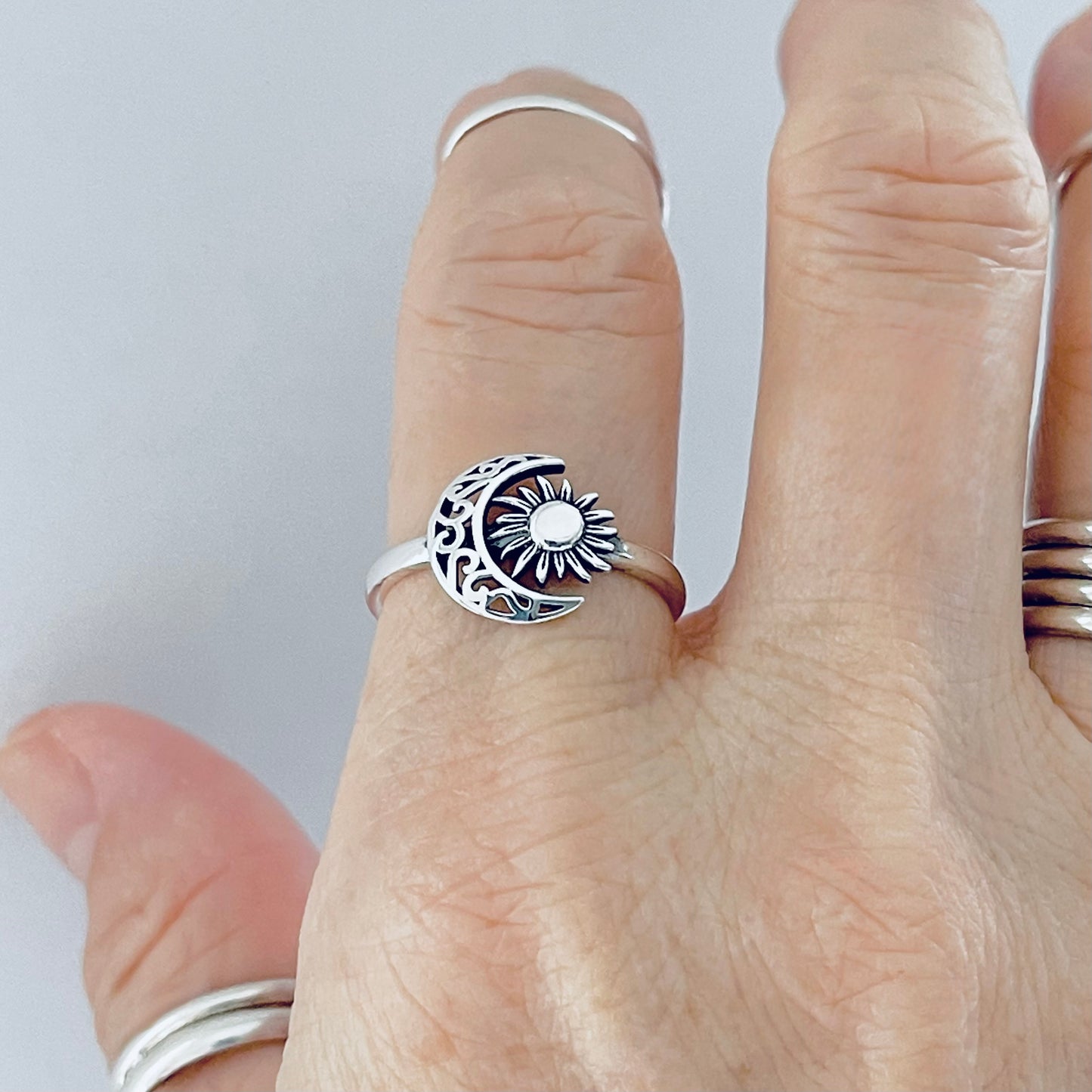 Sterling Silver Filigree Crescent Moon and Sun Ring, Celestial Rings, Sunshine