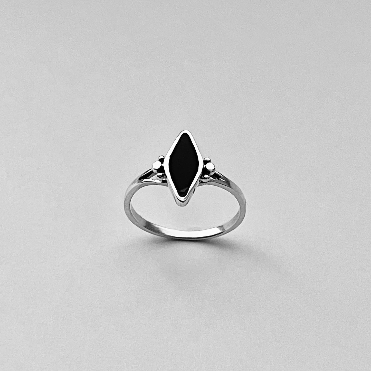 Sterling Silver Minimalist Diamond Shape Black Onyx Ring, Silver Stone Rings