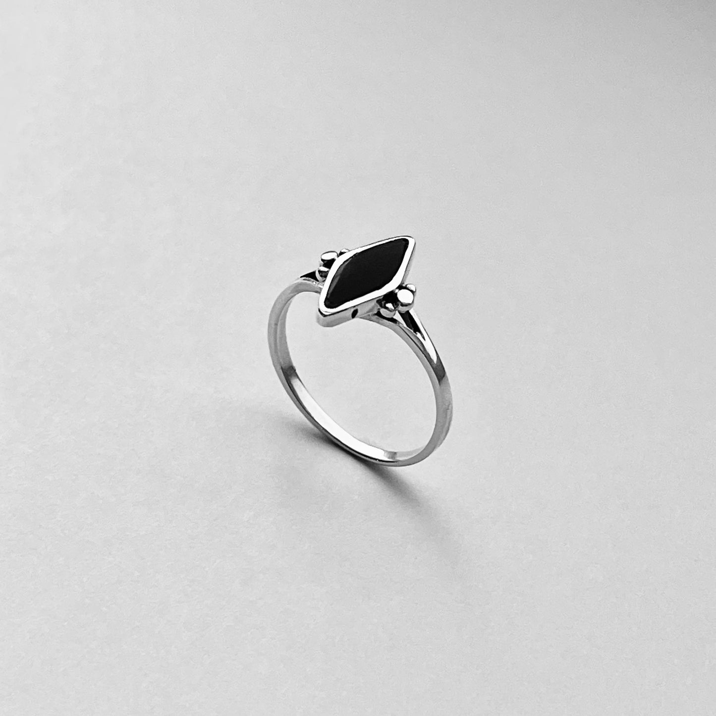 Sterling Silver Minimalist Diamond Shape Black Onyx Ring, Silver Stone Rings