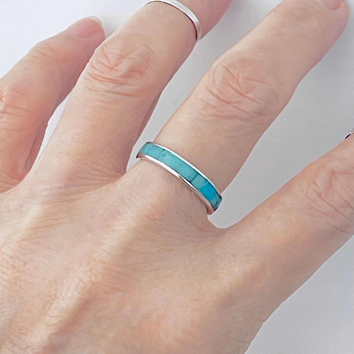 925 Sterling Silver Eternity Genuine Turquoise Wedding Band | Unisex Stackable Stone Silver Bands