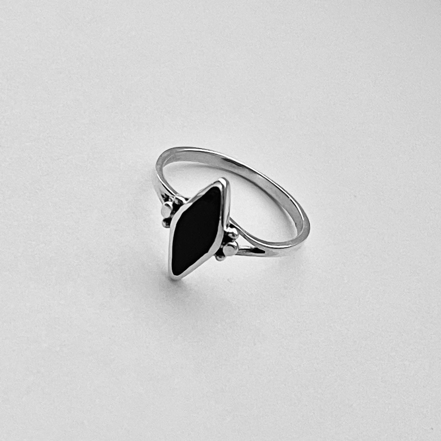 Sterling Silver Minimalist Diamond Shape Black Onyx Ring, Silver Stone Rings