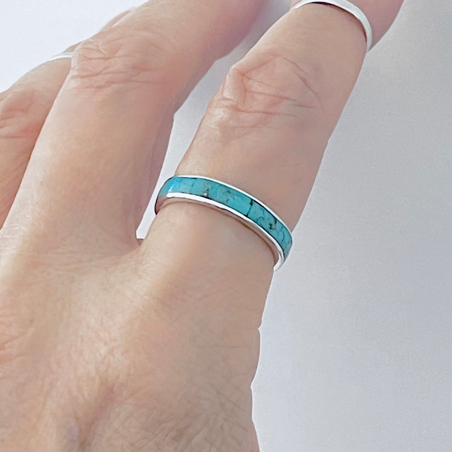 925 Sterling Silver Eternity Genuine Turquoise Wedding Band | Unisex Stackable Stone Silver Bands