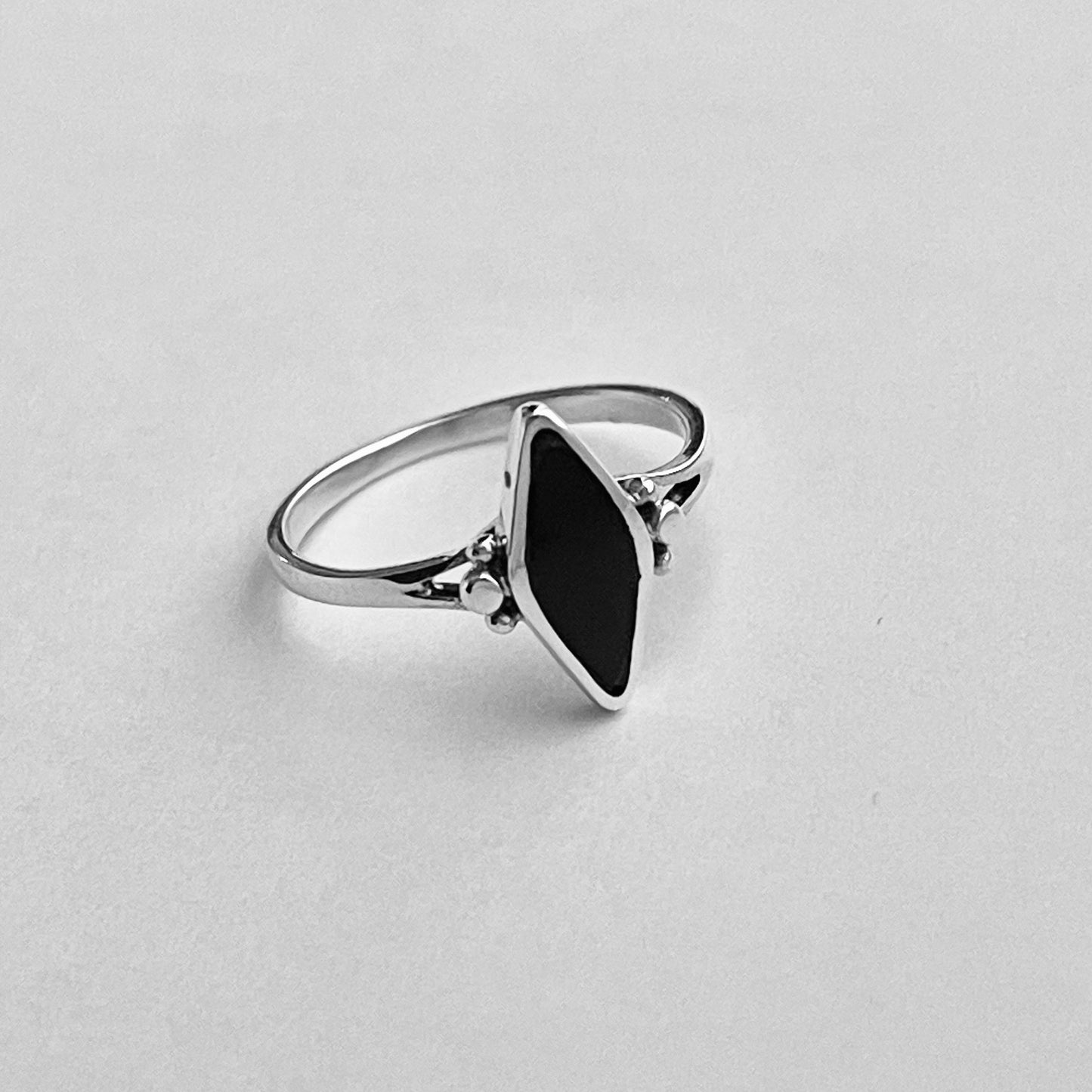 Sterling Silver Minimalist Diamond Shape Black Onyx Ring, Silver Stone Rings