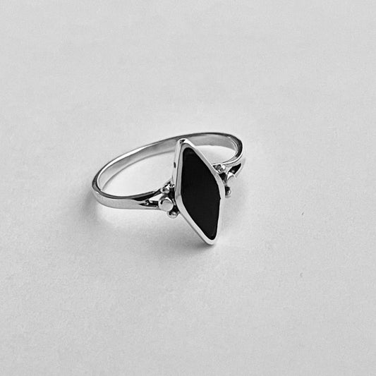 Sterling Silver Diamond Shape Black Onyx Ring, Silver Rings, Dainty Stone Ring