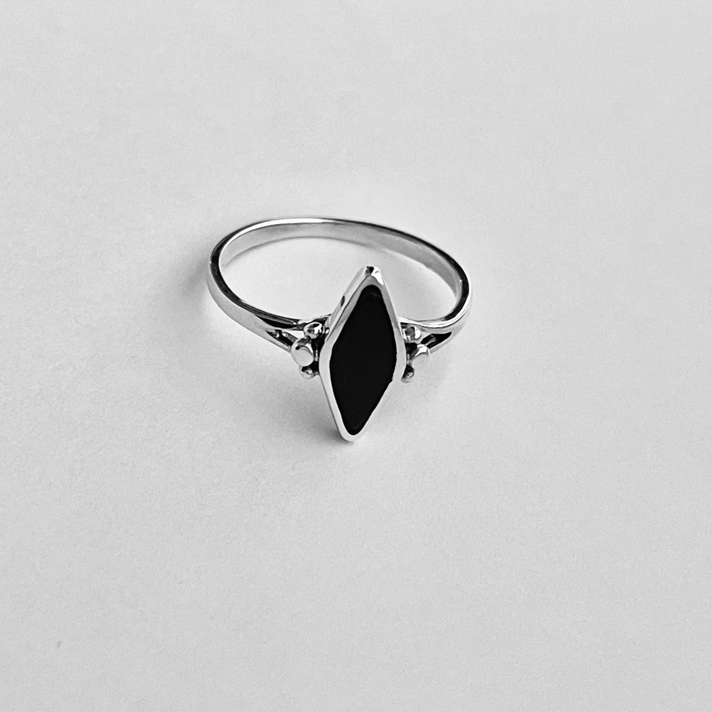 Sterling Silver Minimalist Diamond Shape Black Onyx Ring, Silver Stone Rings