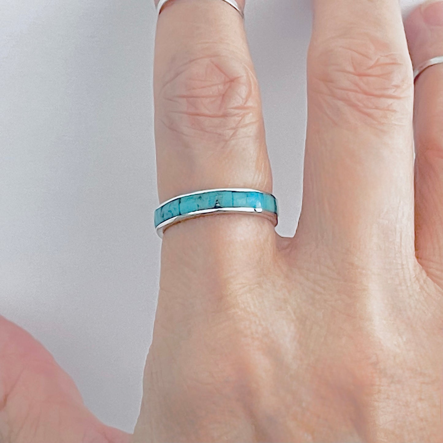 925 Sterling Silver Eternity Genuine Turquoise Wedding Band | Unisex Stackable Stone Silver Bands
