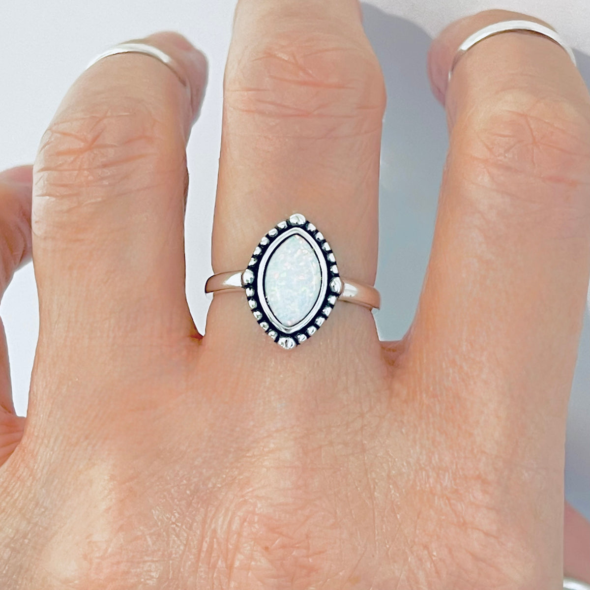925 Sterling Silver Diamond Shape White Lab Opal Ring with Dots | October Birthstone Rings