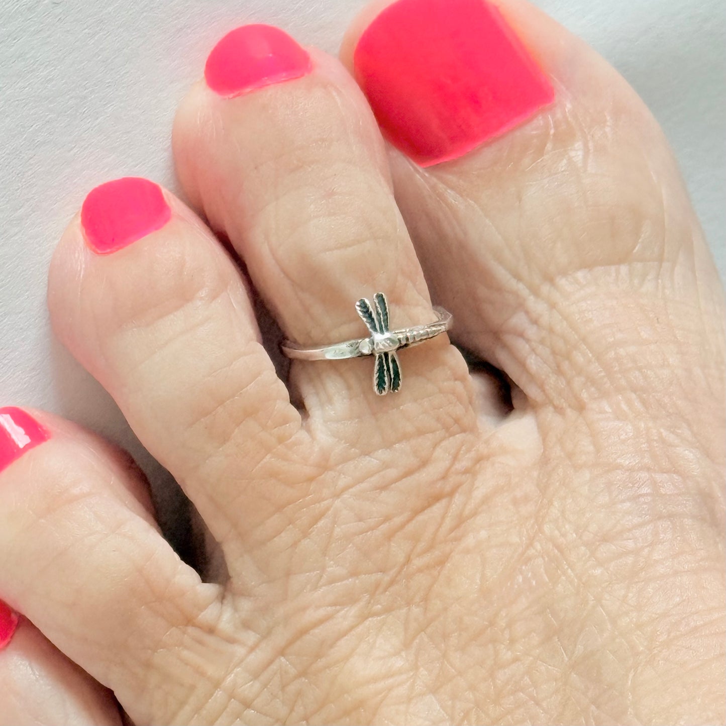Sterling Silver Dragonfly Toe Ring with Hammered Band, Silver Rings, Spirit Bugs, Insect Wings