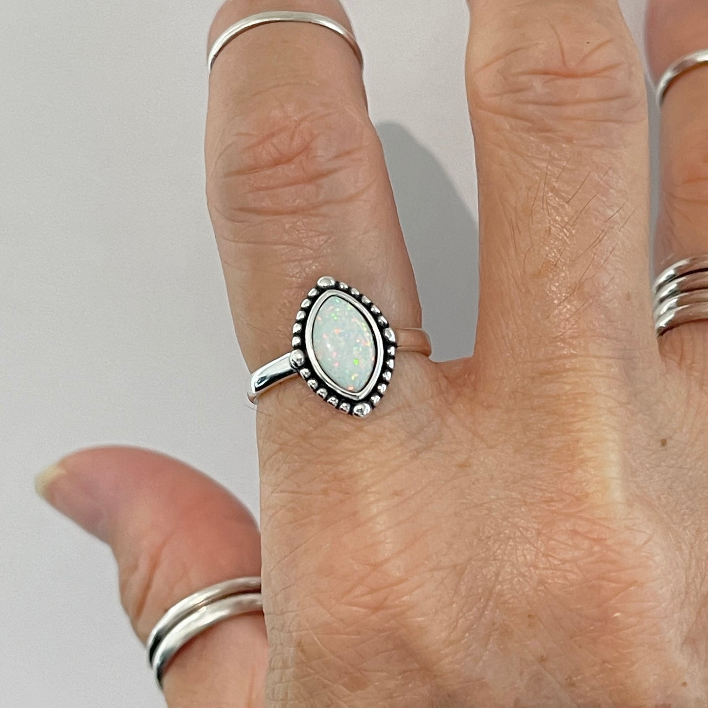 Sterling Silver Diamond Shape White Lab Opal Ring with Beads, Solitaire Silver Ring