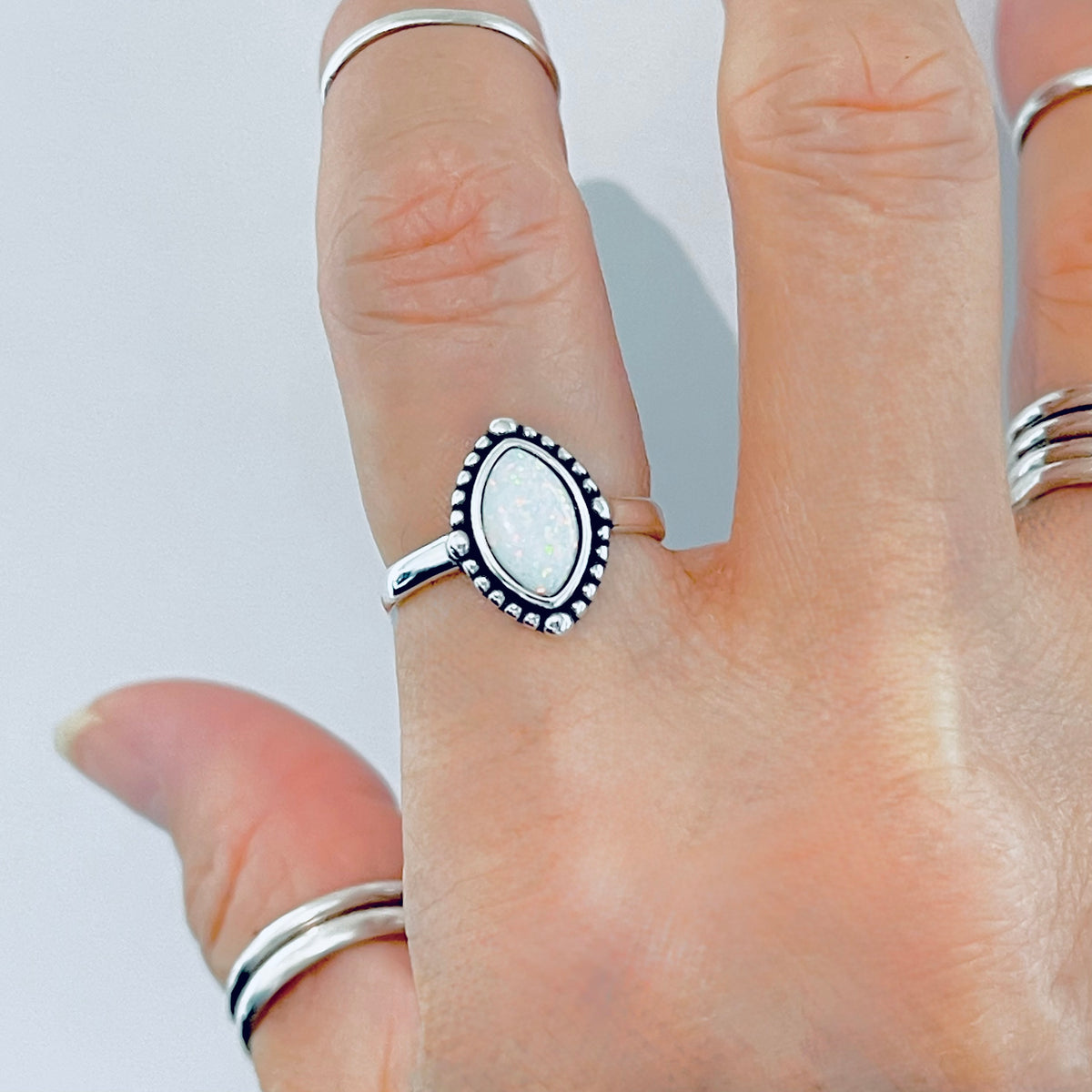 925 Sterling Silver Diamond Shape White Lab Opal Ring with Dots | October Birthstone Rings