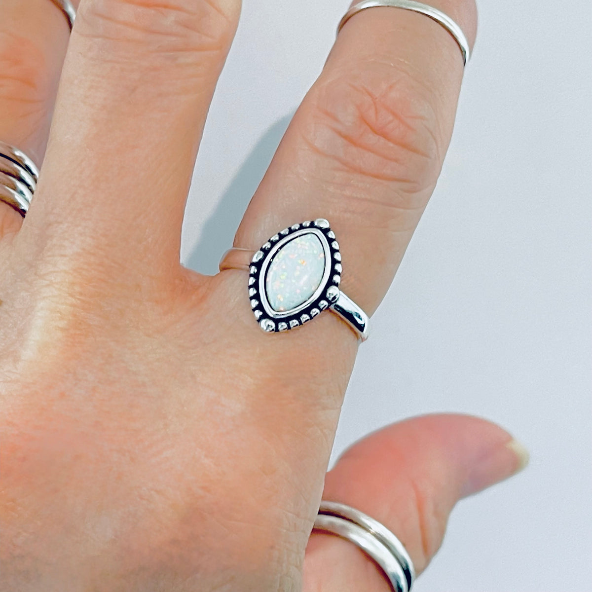 925 Sterling Silver Diamond Shape White Lab Opal Ring with Dots | October Birthstone Rings