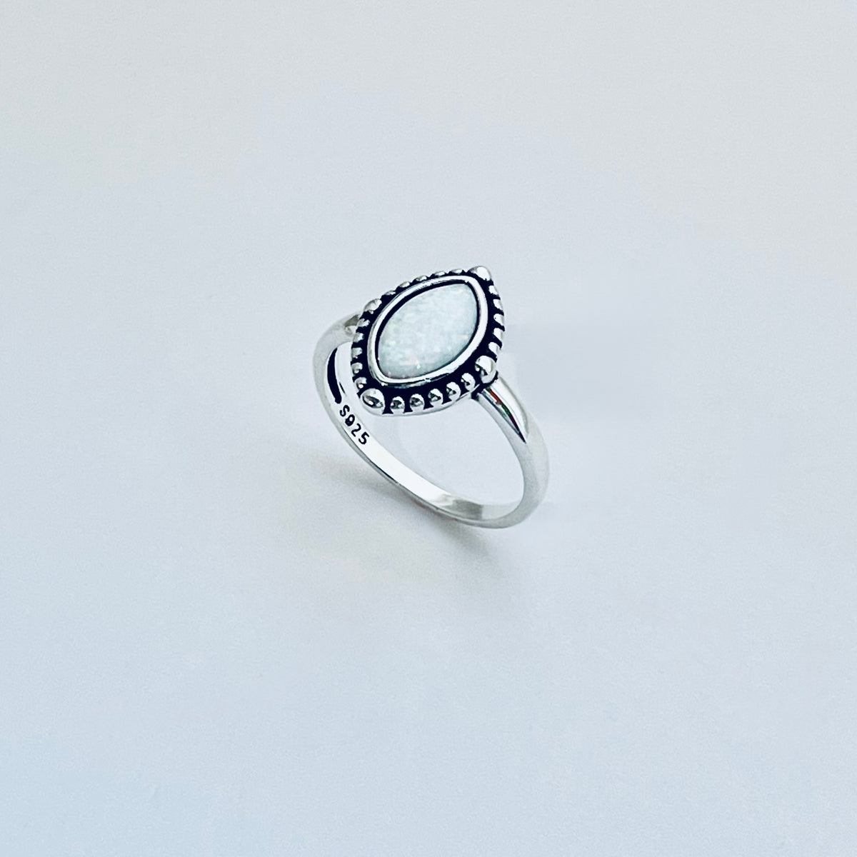 925 Sterling Silver Diamond Shape White Lab Opal Ring with Dots | October Birthstone Rings