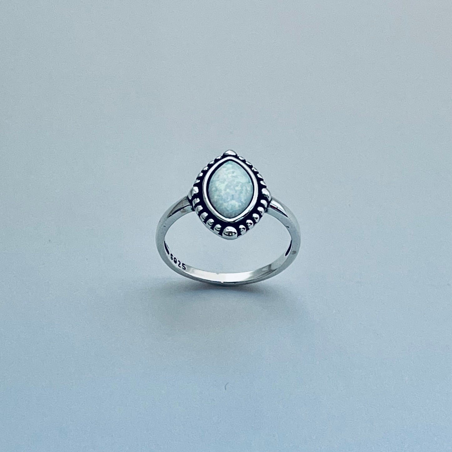 Sterling Silver Diamond Shape White Lab Opal Ring with Beads, Solitaire Silver Ring