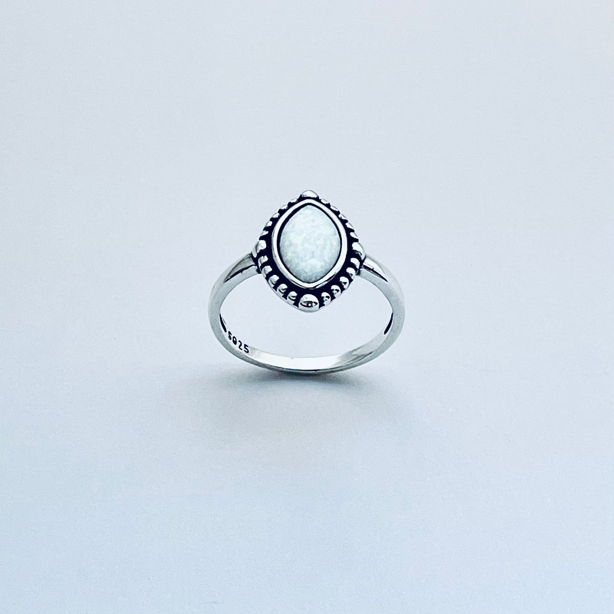 925 Sterling Silver Diamond Shape White Lab Opal Ring with Dots | October Birthstone Rings