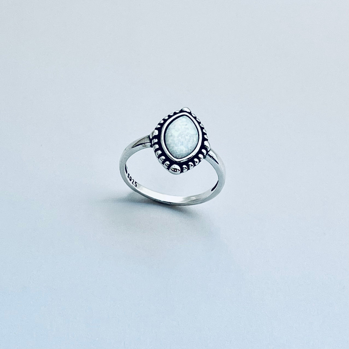925 Sterling Silver Diamond Shape White Lab Opal Ring with Dots | October Birthstone Rings