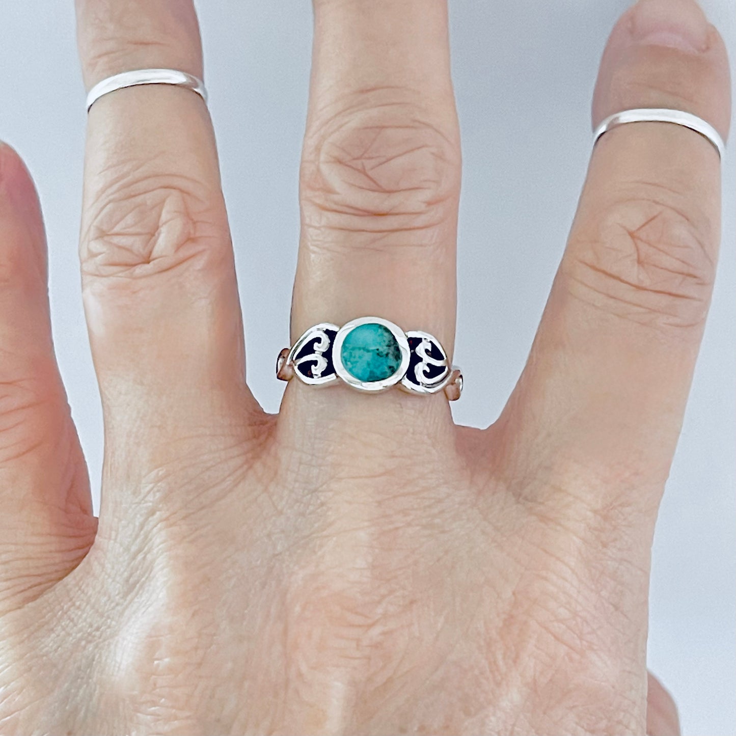 Sterling Silver Round Genuine Turquoise Ring with Swirl, Silver Rings, Stone Jewelry
