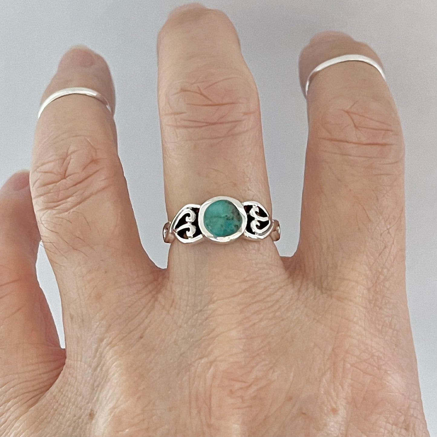 Sterling Silver Round Genuine Turquoise Ring with Swirl, Stone Ring, Silver Rings