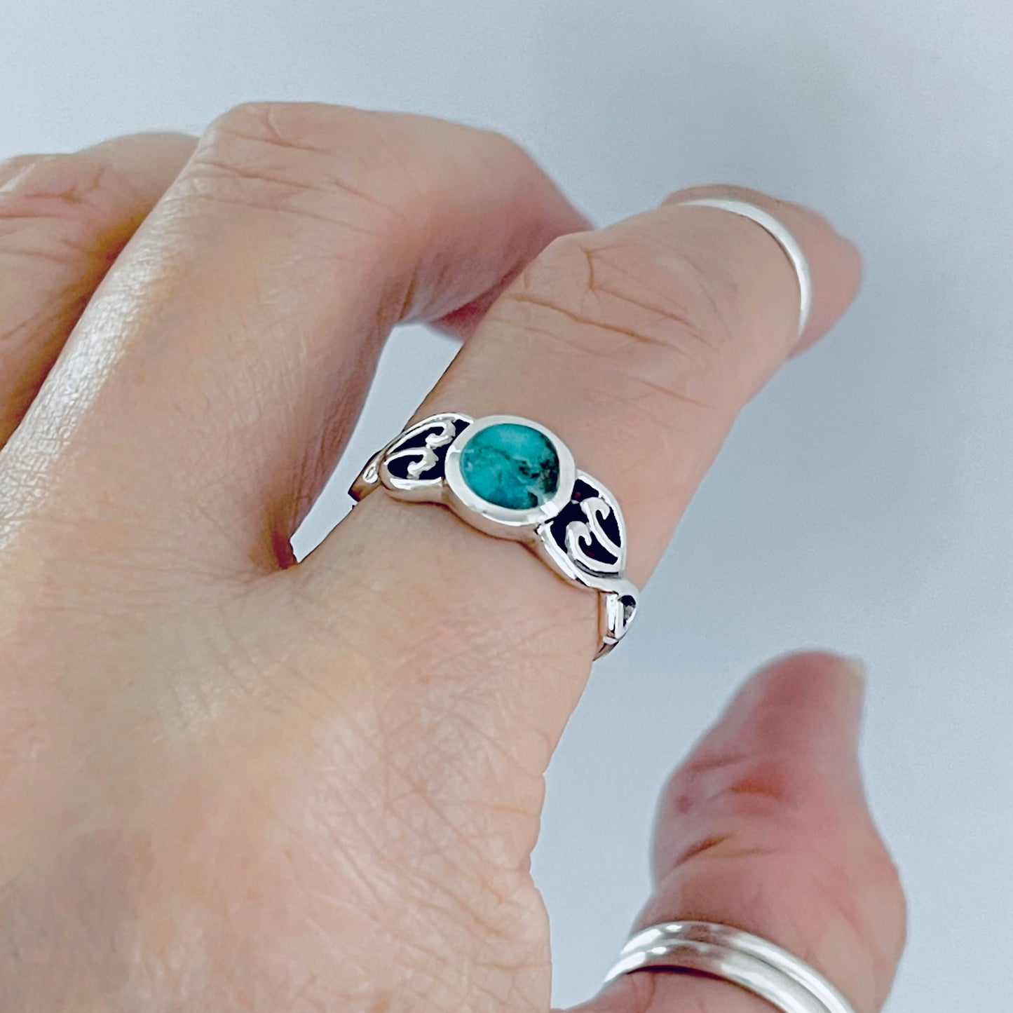 Sterling Silver Round Genuine Turquoise Ring with Swirl, Silver Rings, Stone Jewelry