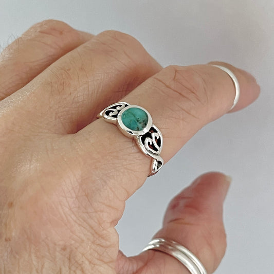 Sterling Silver Round Genuine Turquoise Ring with Swirl, Stone Ring, Silver Rings