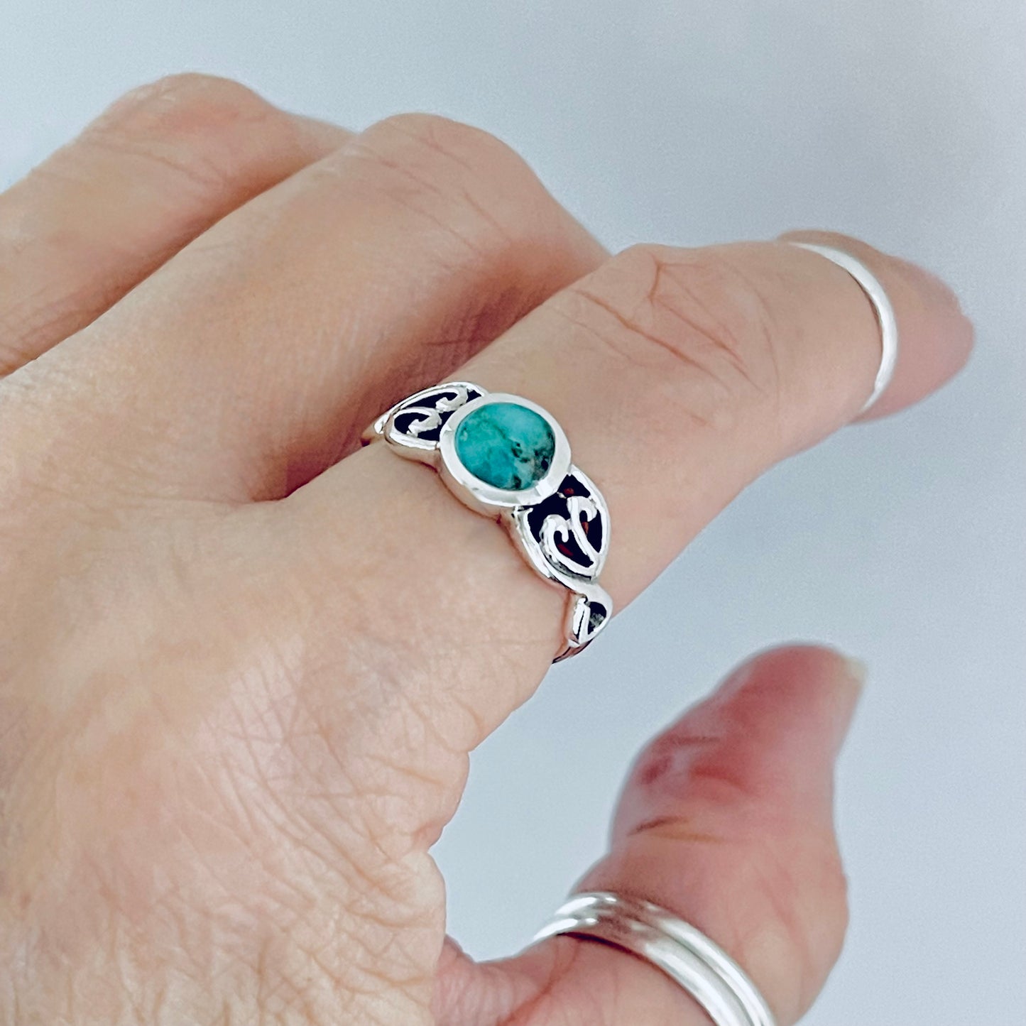 Sterling Silver Round Genuine Turquoise Ring with Swirl, Silver Rings, Stone Jewelry