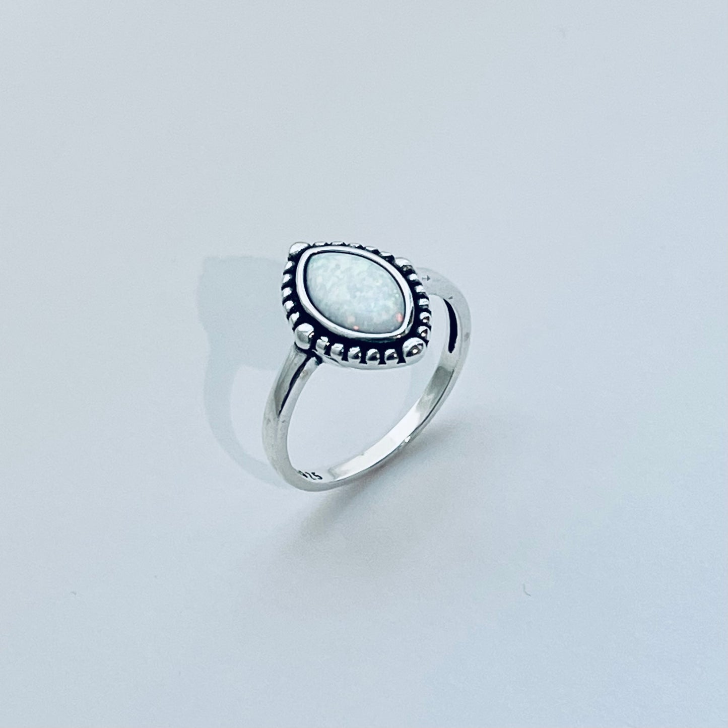 Sterling Silver Diamond Shape White Lab Opal Ring with Beads, Solitaire Silver Ring