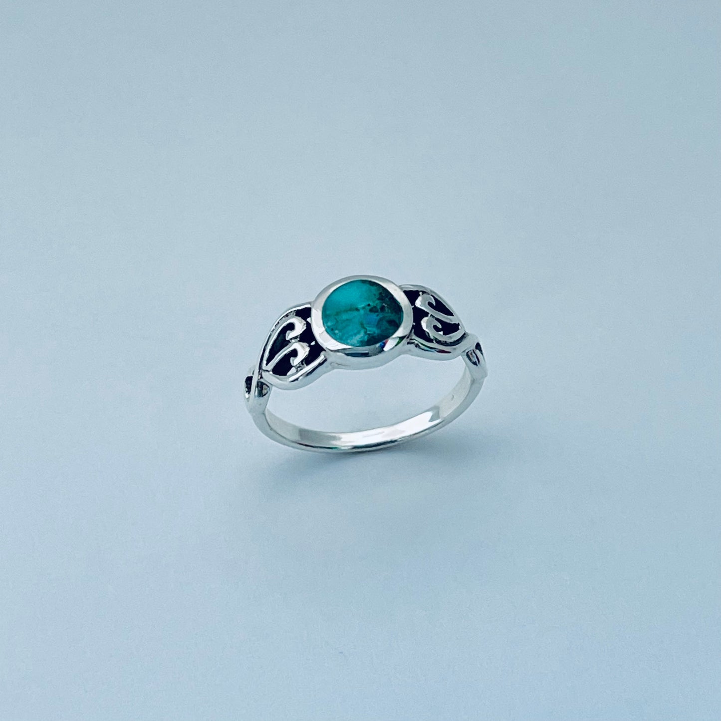 Sterling Silver Round Genuine Turquoise Ring with Swirl, Stone Ring, Silver Rings