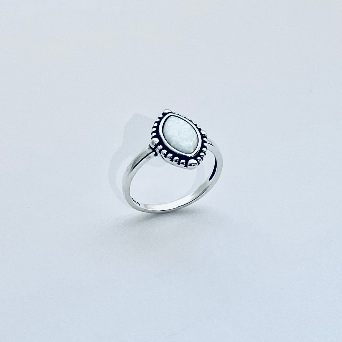 925 Sterling Silver Diamond Shape White Lab Opal Ring with Dots | October Birthstone Rings