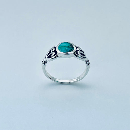 Sterling Silver Round Genuine Turquoise Ring with Swirl, Silver Rings, Stone Jewelry