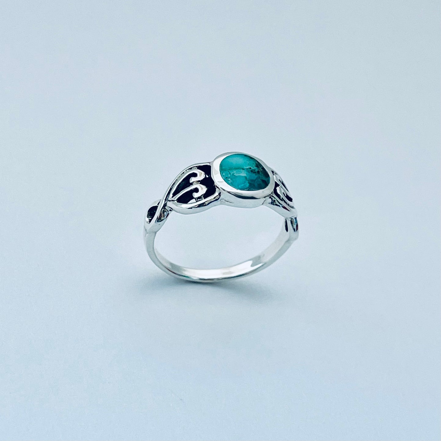 Sterling Silver Round Genuine Turquoise Ring with Swirl, Silver Rings, Stone Jewelry