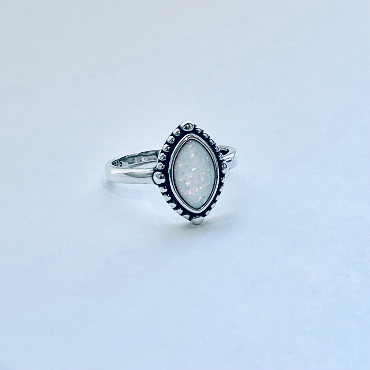 925 Sterling Silver Diamond Shape White Lab Opal Ring with Dots | October Birthstone Rings