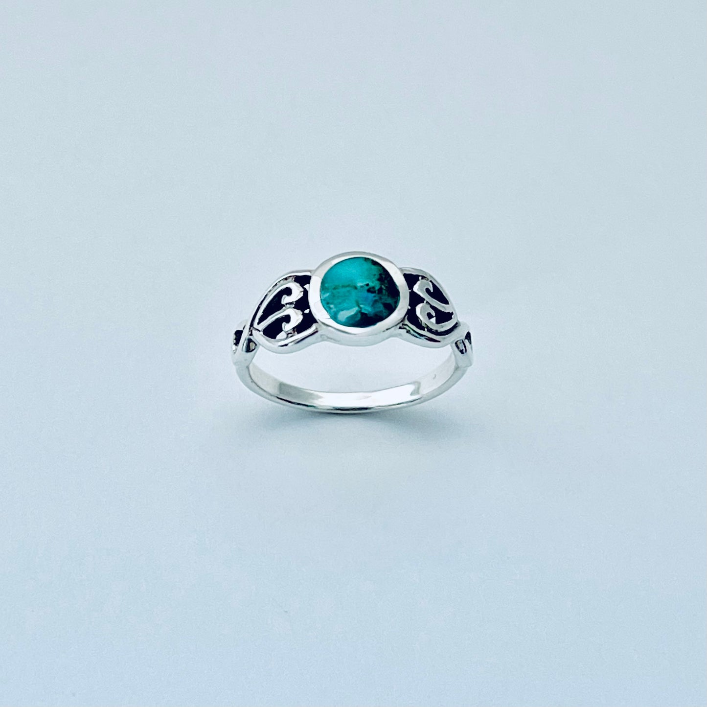 Sterling Silver Round Genuine Turquoise Ring with Swirl, Silver Rings, Stone Jewelry