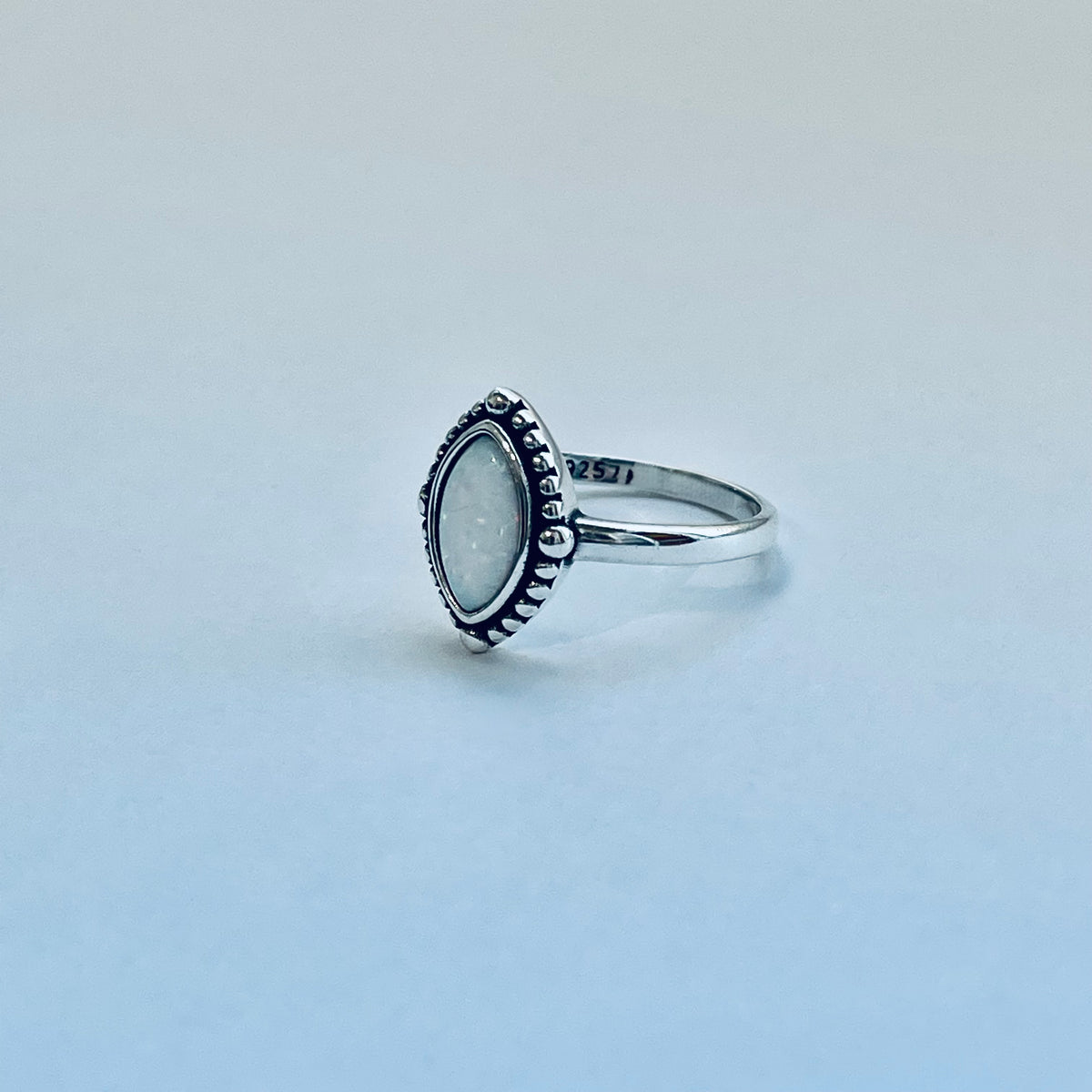 925 Sterling Silver Diamond Shape White Lab Opal Ring with Dots | October Birthstone Rings