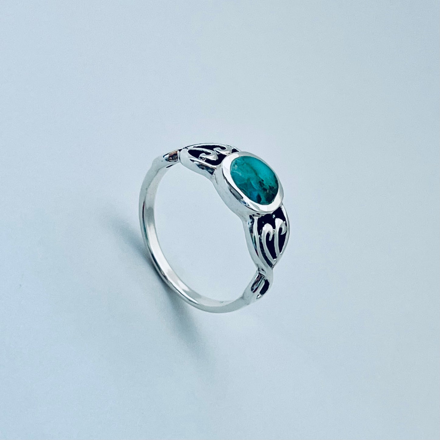 Sterling Silver Round Genuine Turquoise Ring with Swirl, Stone Ring, Silver Rings