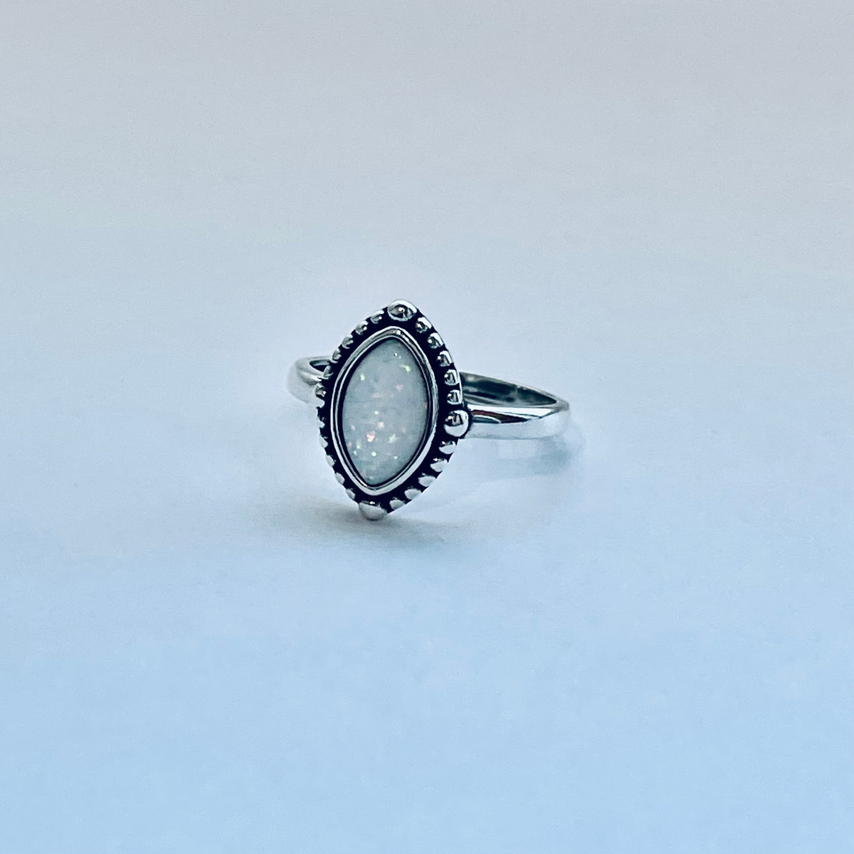 925 Sterling Silver Diamond Shape White Lab Opal Ring with Dots | October Birthstone Rings
