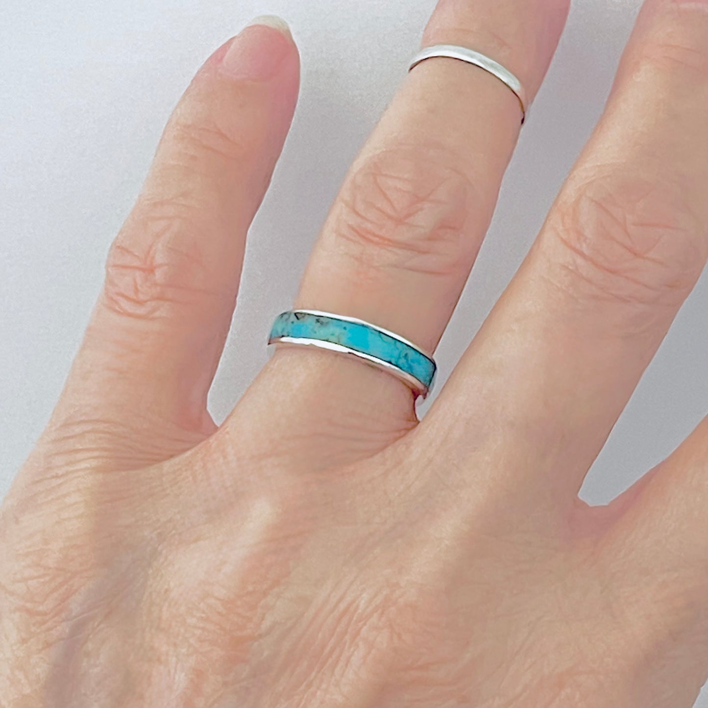 925 Sterling Silver Eternity Genuine Turquoise Wedding Band | Unisex Stackable Stone Silver Bands
