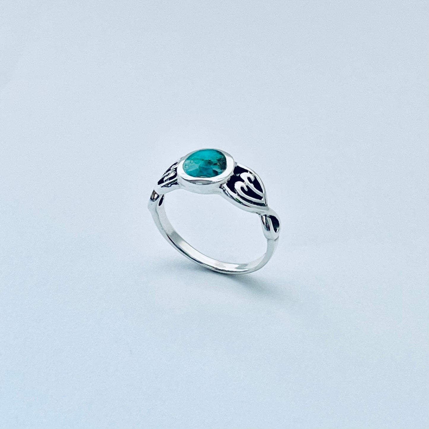 Sterling Silver Round Genuine Turquoise Ring with Swirl, Silver Rings, Stone Jewelry