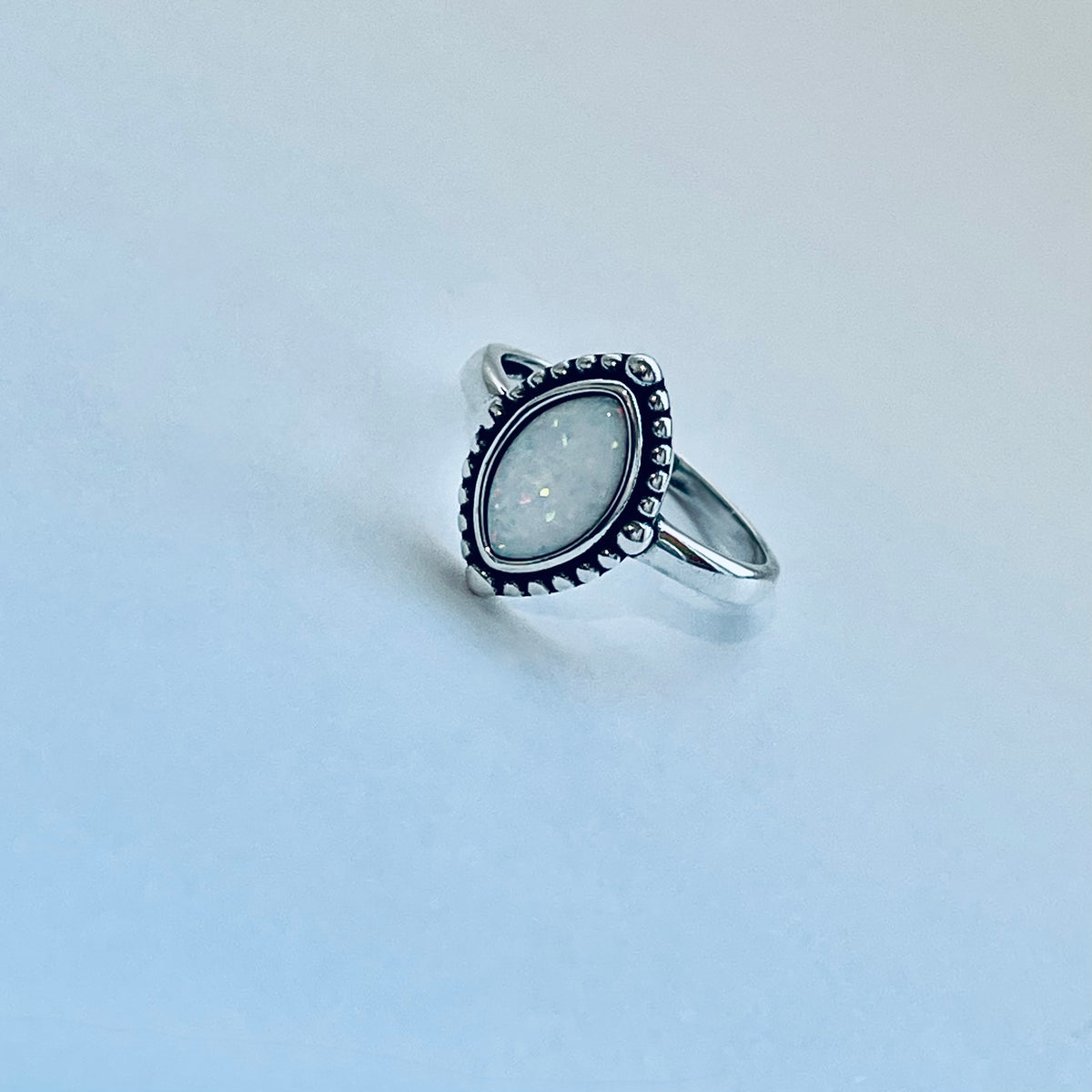925 Sterling Silver Diamond Shape White Lab Opal Ring with Dots | October Birthstone Rings