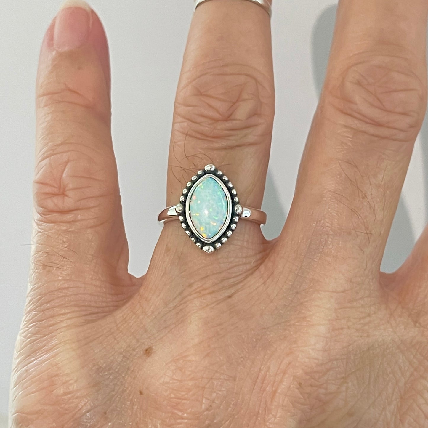 Sterling Silver Diamond Shape White Lab Opal Ring with Beads, Solitaire Silver Ring