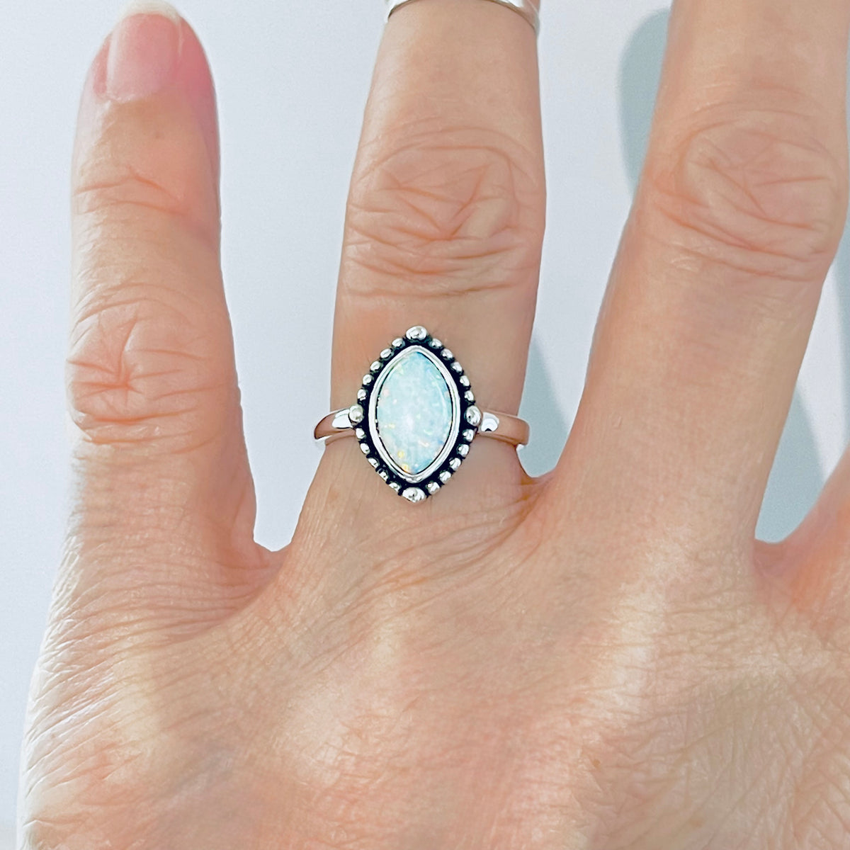 925 Sterling Silver Diamond Shape White Lab Opal Ring with Dots | October Birthstone Rings