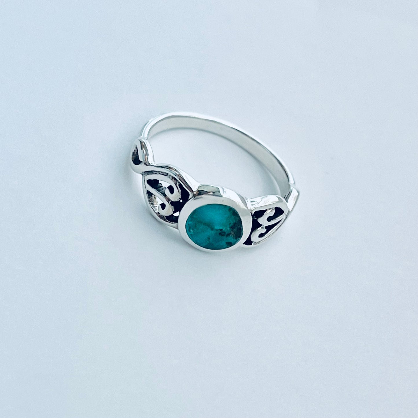 Sterling Silver Round Genuine Turquoise Ring with Swirl, Silver Rings, Stone Jewelry