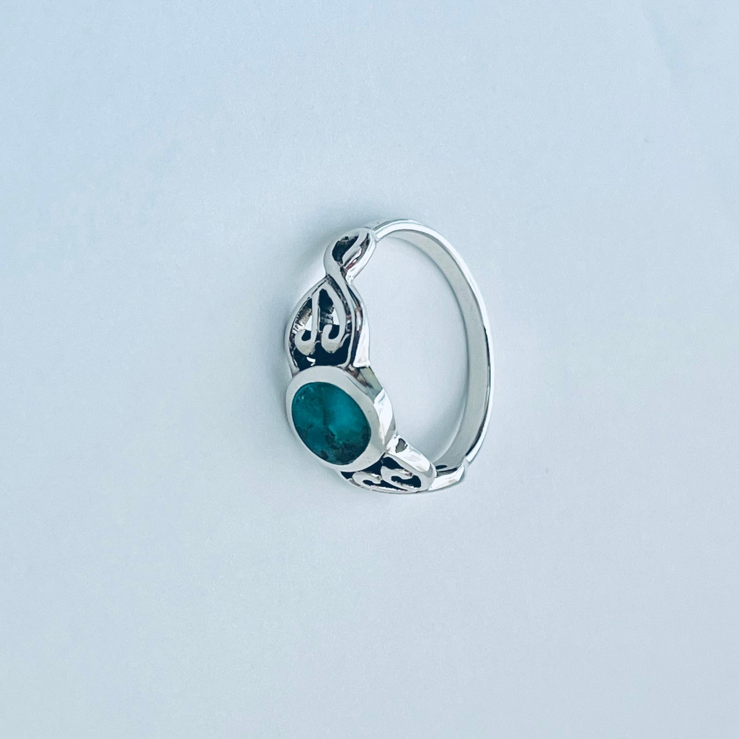 Sterling Silver Round Genuine Turquoise Ring with Swirl, Silver Rings, Stone Jewelry