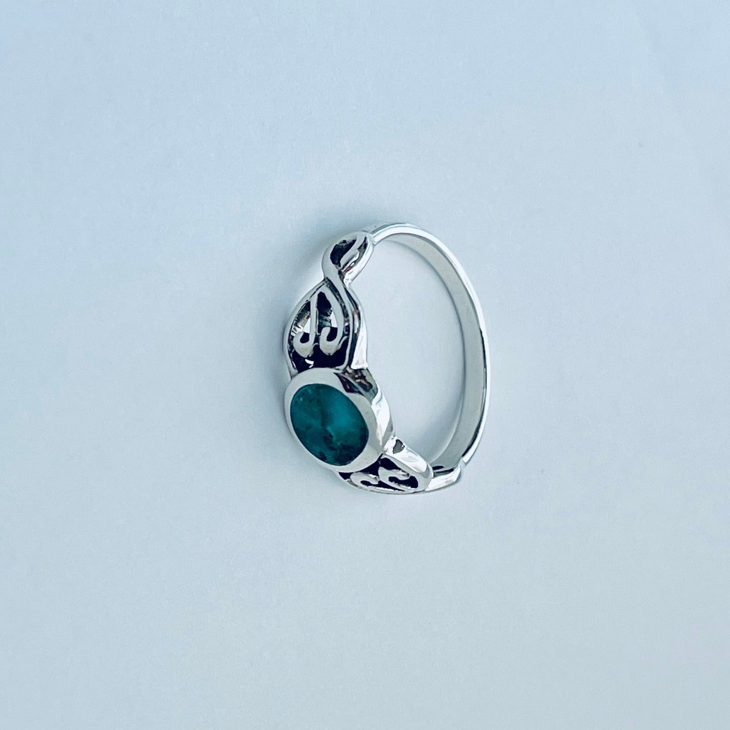 Sterling Silver Round Genuine Turquoise Ring with Swirl, Stone Ring, Silver Rings