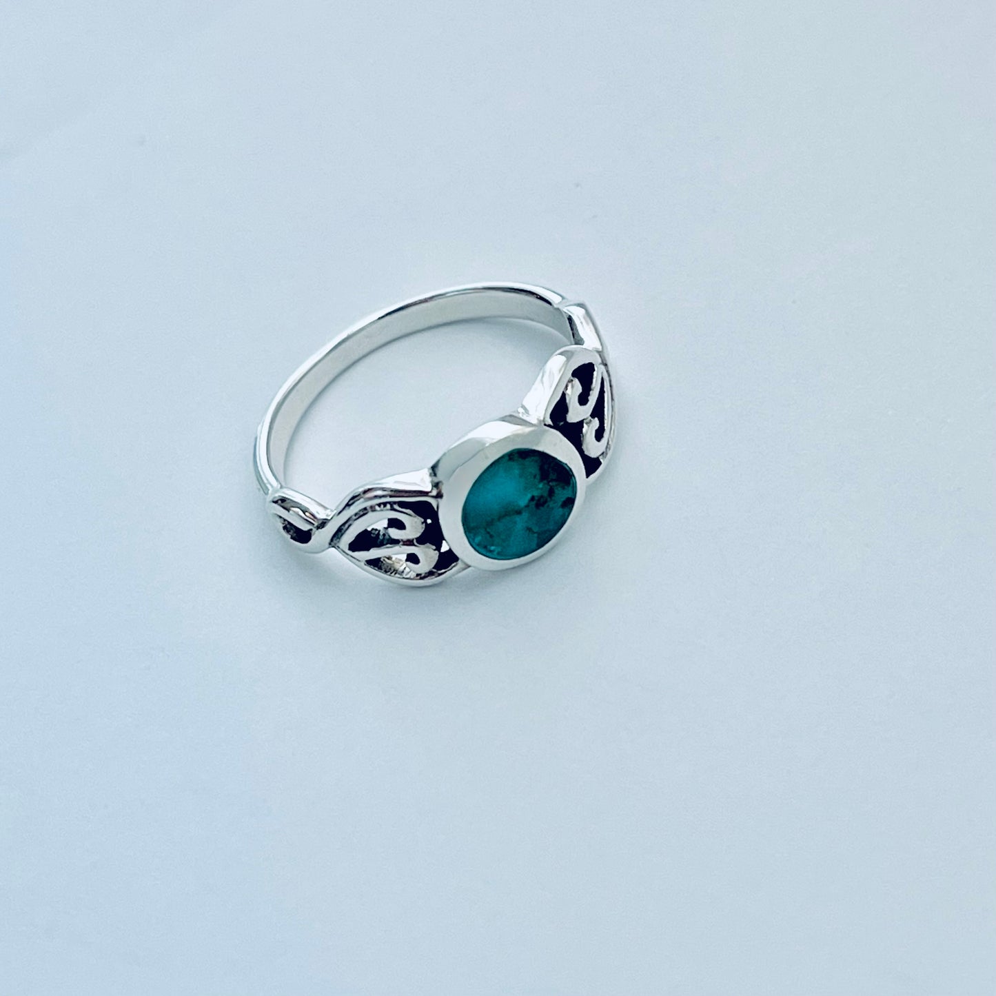 Sterling Silver Round Genuine Turquoise Ring with Swirl, Silver Rings, Stone Jewelry