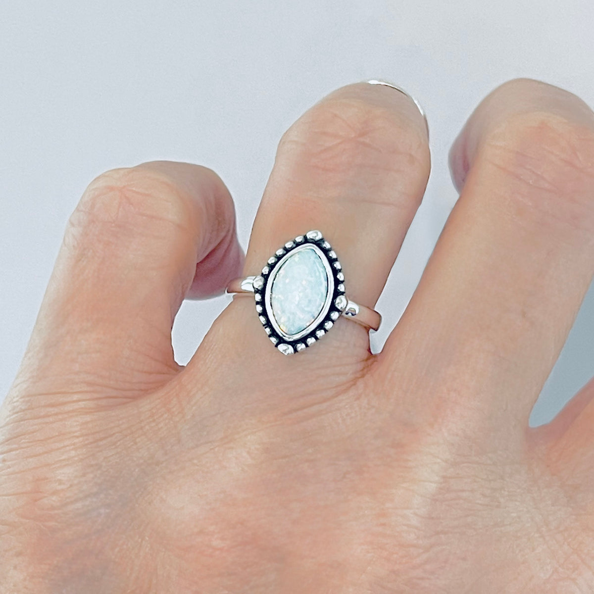 925 Sterling Silver Diamond Shape White Lab Opal Ring with Dots | October Birthstone Rings