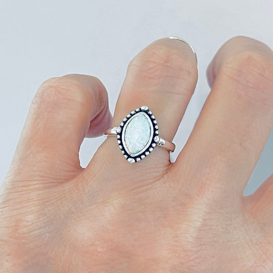 925 Sterling Silver Diamond Shape White Lab Opal Ring with Dots | October Birthstone Rings
